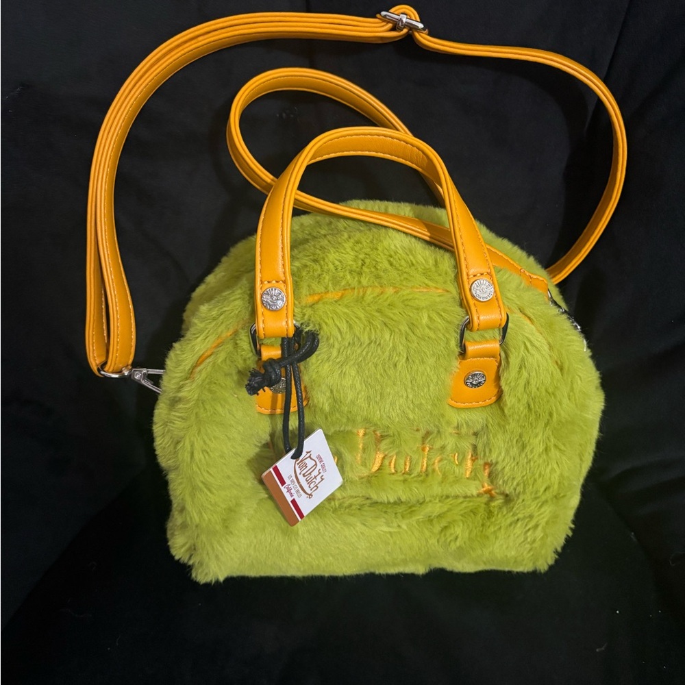 Von Dutch Green and Orange Mini Bag with Fuzzy Texture